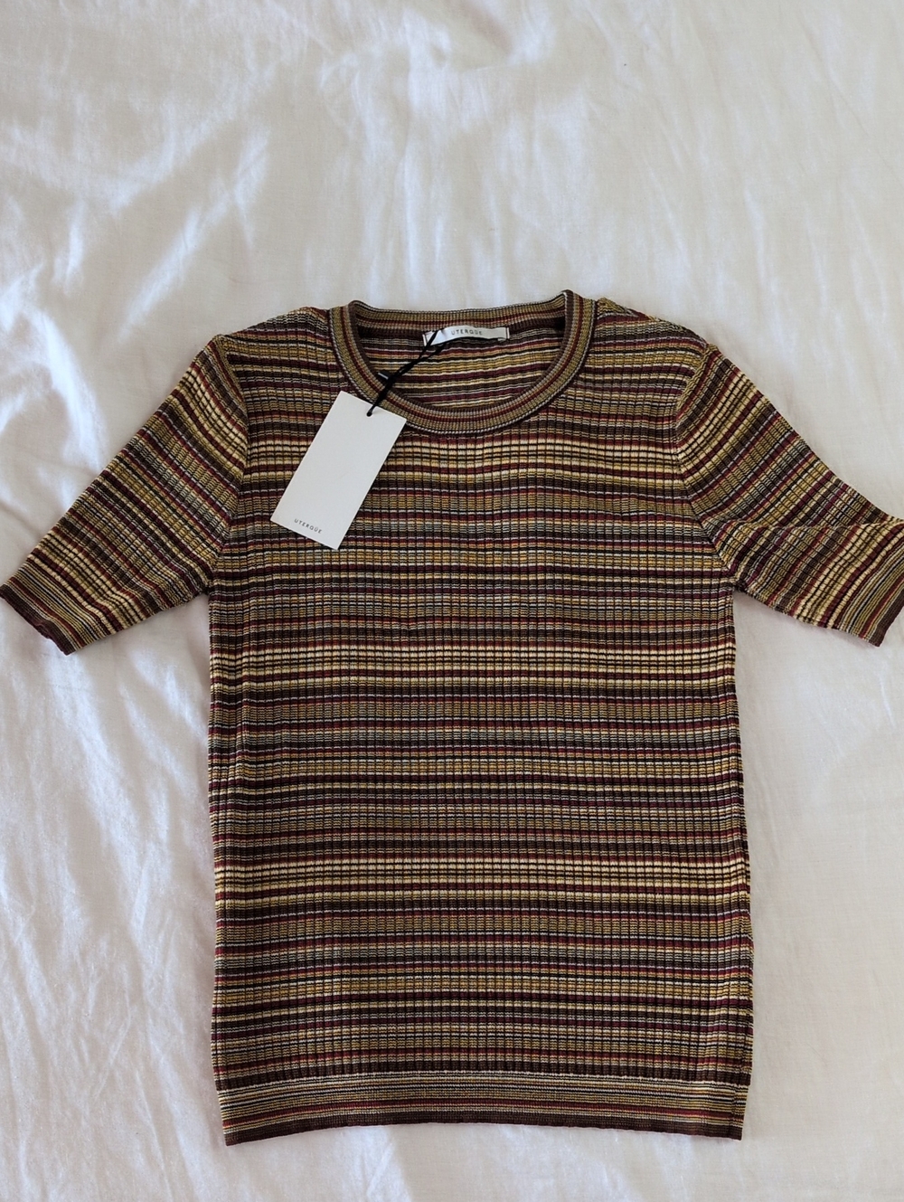 Uterque 70s Style Striped Short Sleeve Knit Top in Brown, Gold and Burgundy
